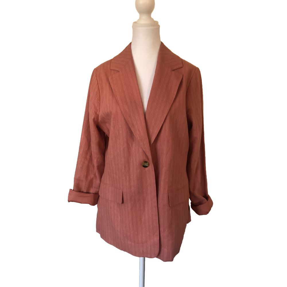 Now Gen Sonoma‎ Blazer M Coral Pink Striped Linen Blend Relaxed Fit